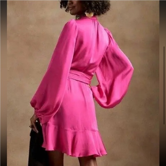 Banana Republic Bright Peony Satin Ruffle Wrap Dress small - Picture 9 of 16